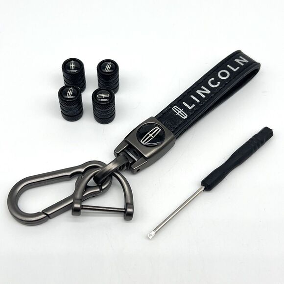Lincoln Keychain Genuine Leather with Tire Valve Stem Caps Key D-Ring - Black - Picture 1 of 8